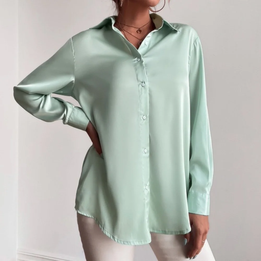 Luxe Satin button up Boyfriend shirt Blouse - Picture 8 of 16